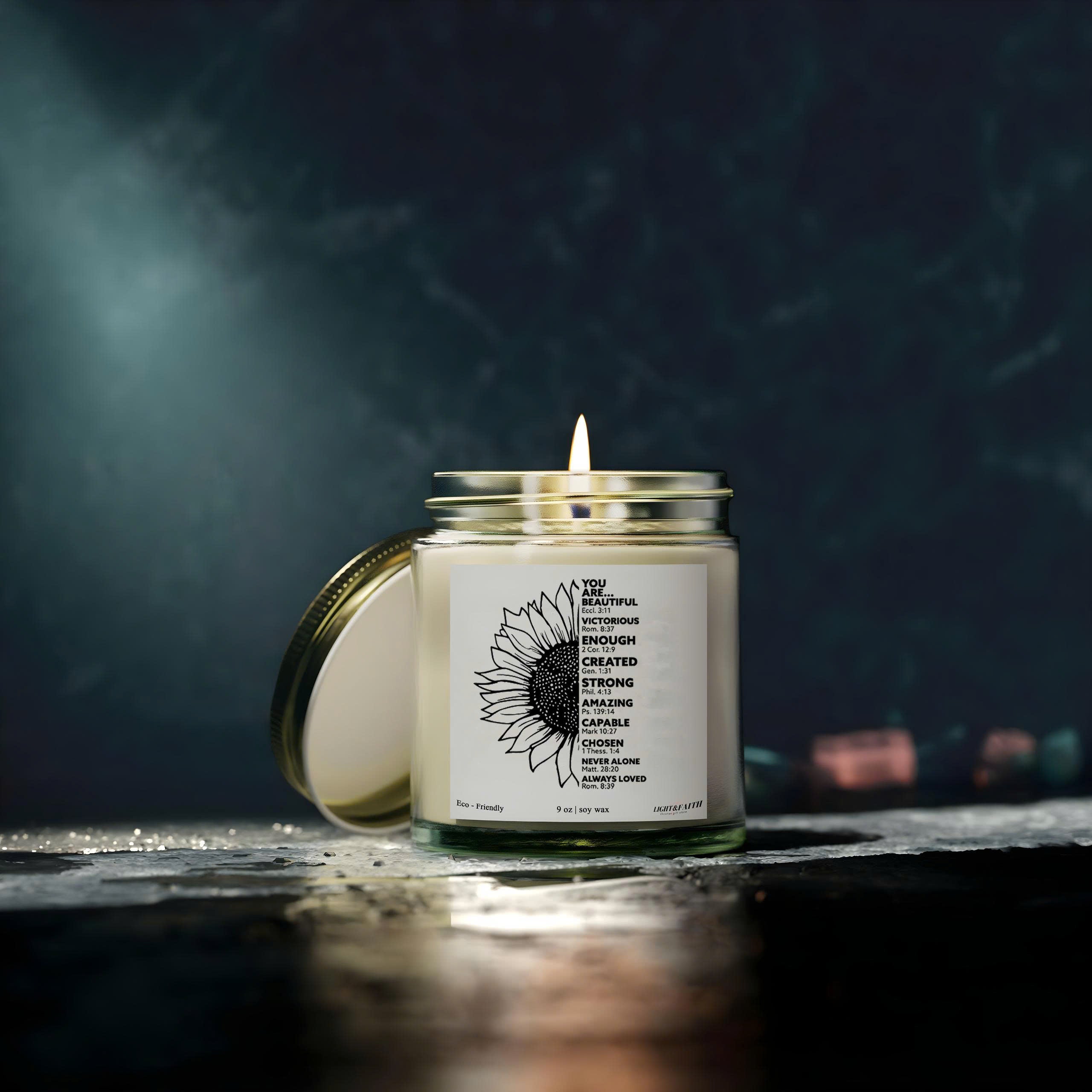 You Are Beautiful Christian Candle, Inspirational Bible Verses, Sunflower Design, Uplifting Gift for Women, Faith-Based Candle CDLAF21